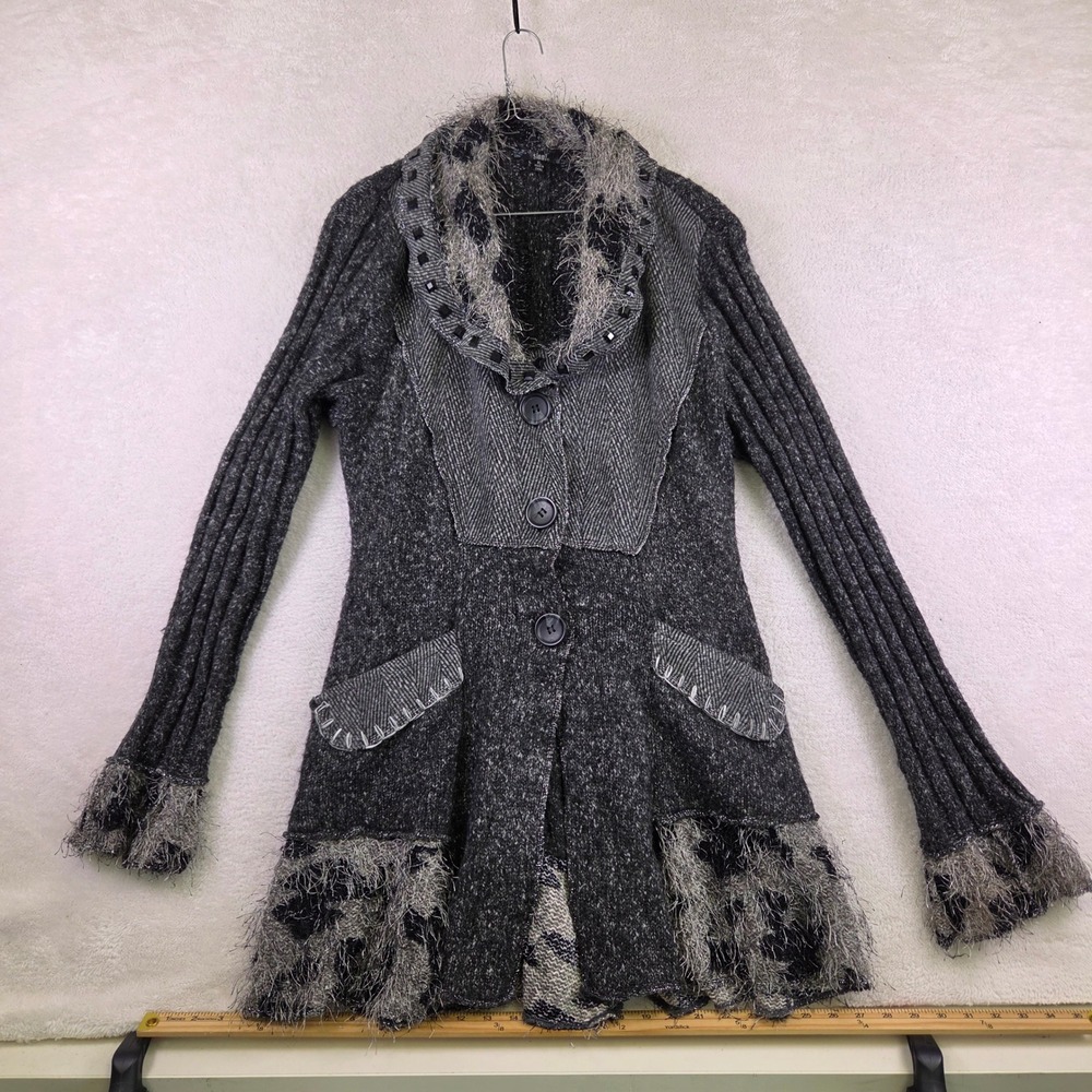 Sloni Gray Mixed Media Knit Cardigan Sweater Coat Studded Eyelash Fringe XL